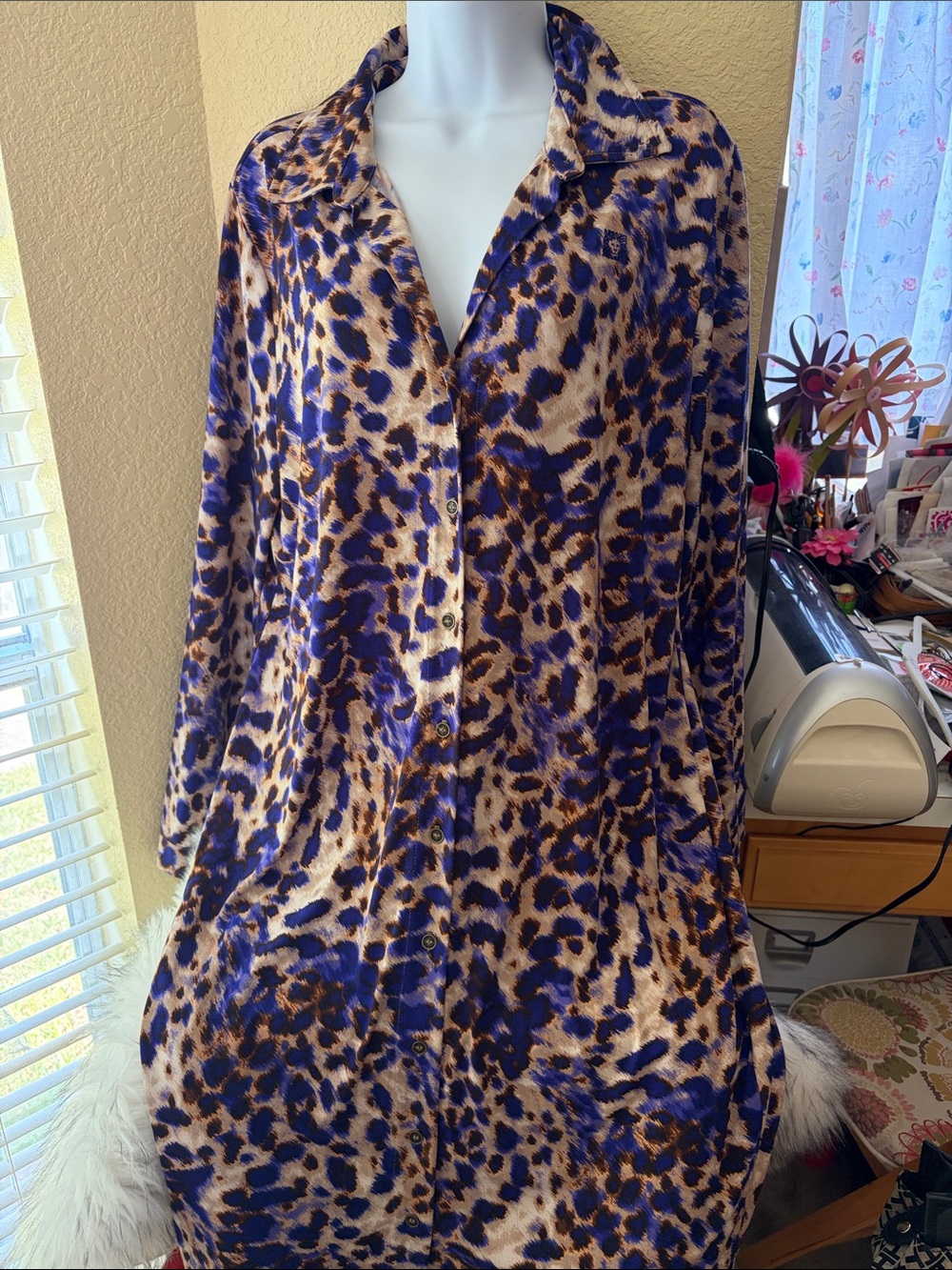 Anne Klein Blue and Brown Leopard-Print Button-Front Dress